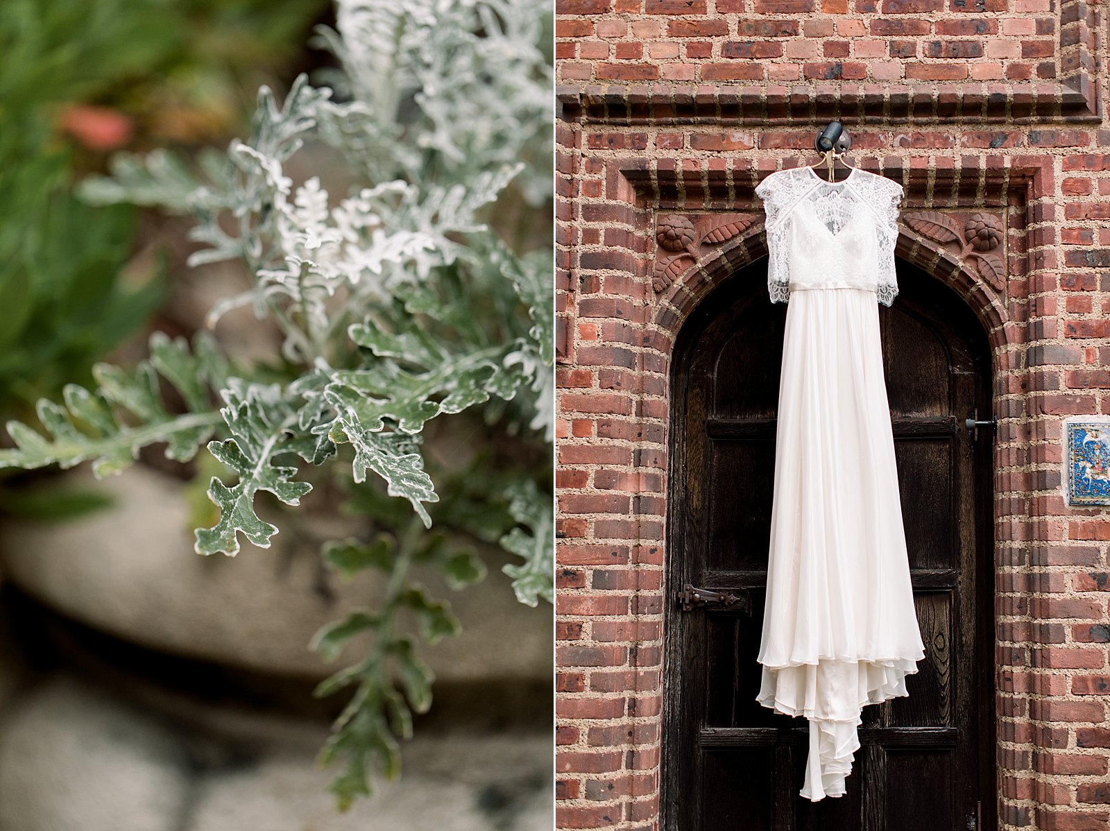 wedding dress hangs on brick wall at Aldie Mansion