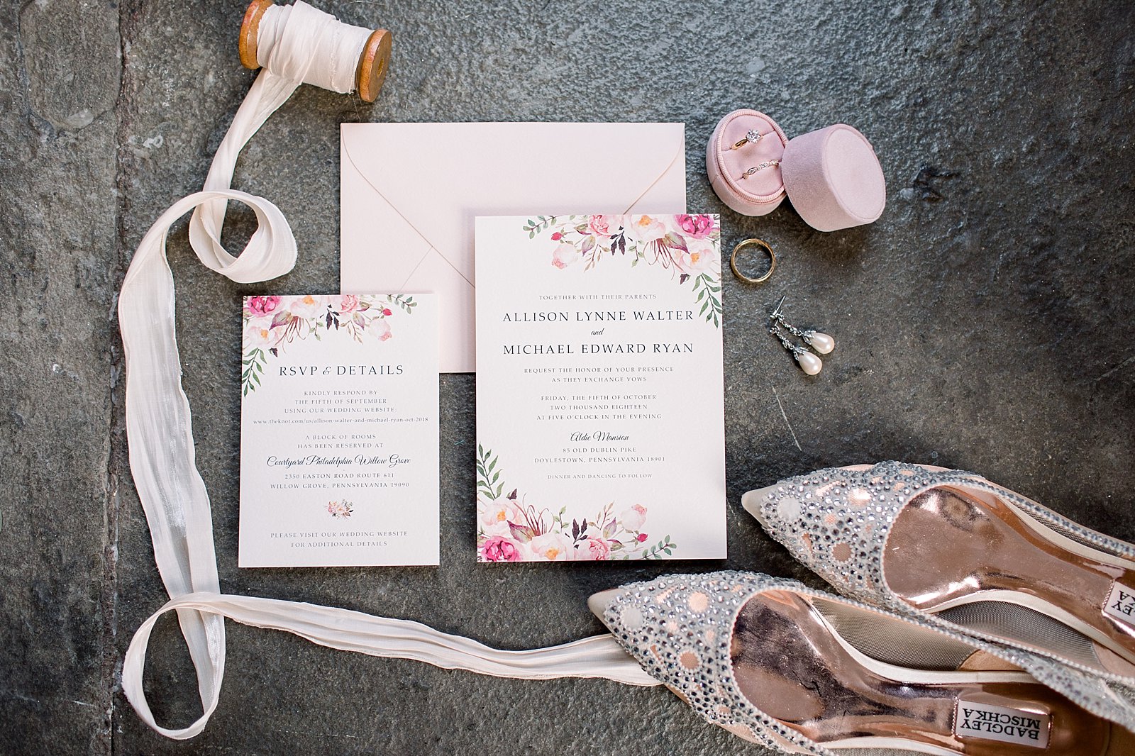 floral invitation suite for summer wedding at Aldie Mansion