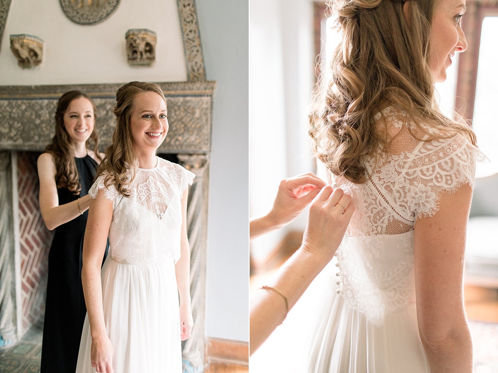 bridesmaid helps bride into wedding dress with lace top 