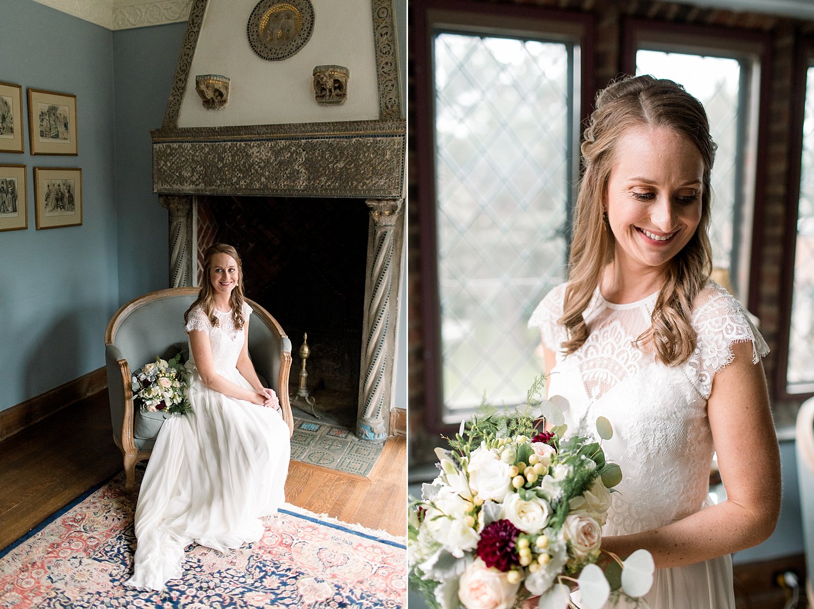 bride stands by latticed windows at Aldie Mansion with pink and red bouquet 