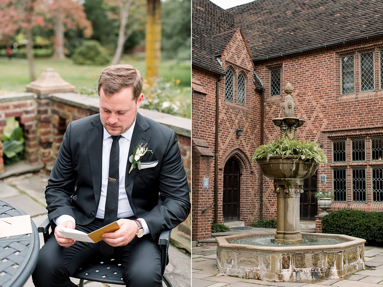 groom reads letter in courtyard at Aldie Mansion