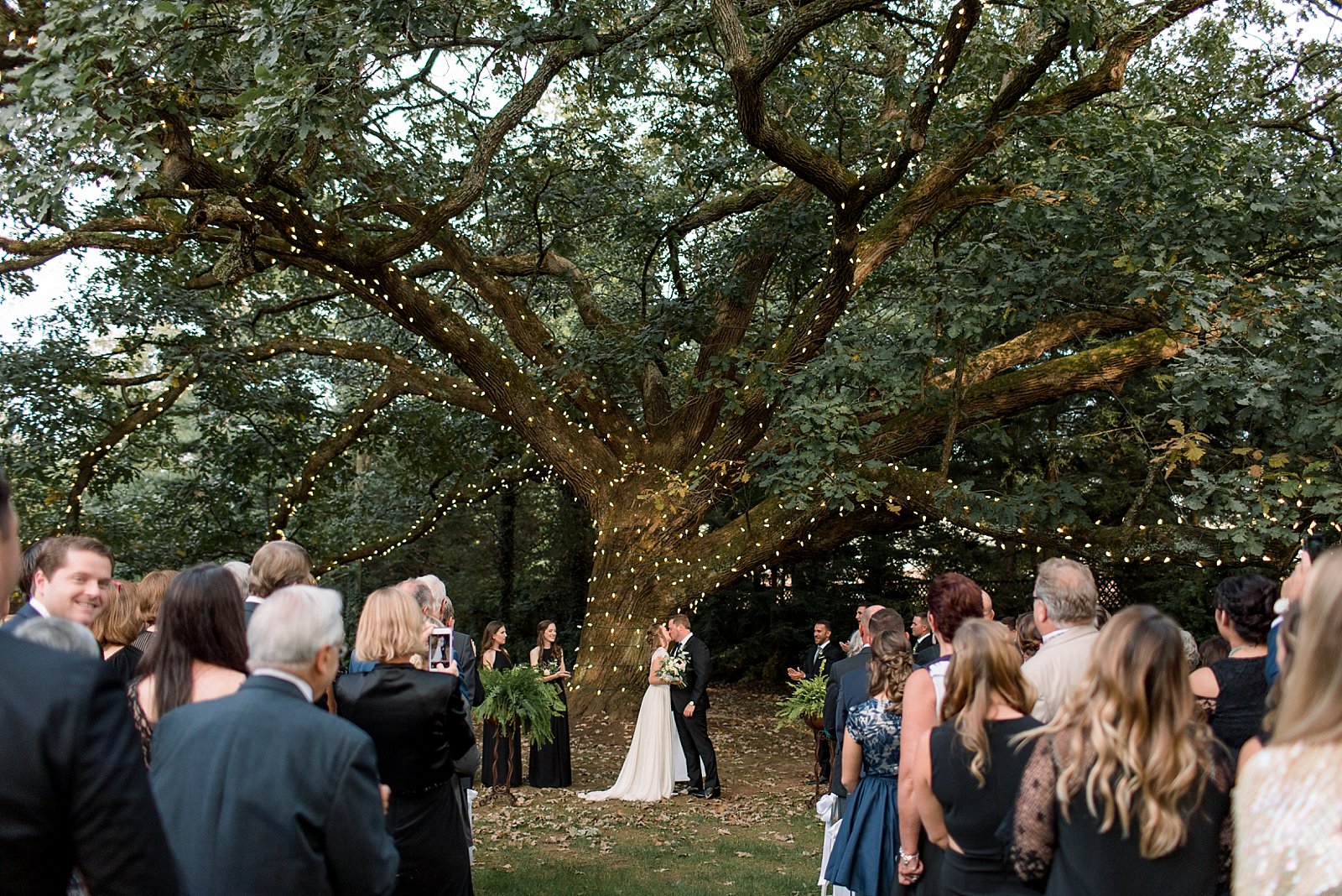 wedding ceremony at Aldie Mansion under tree with twinkle lights 