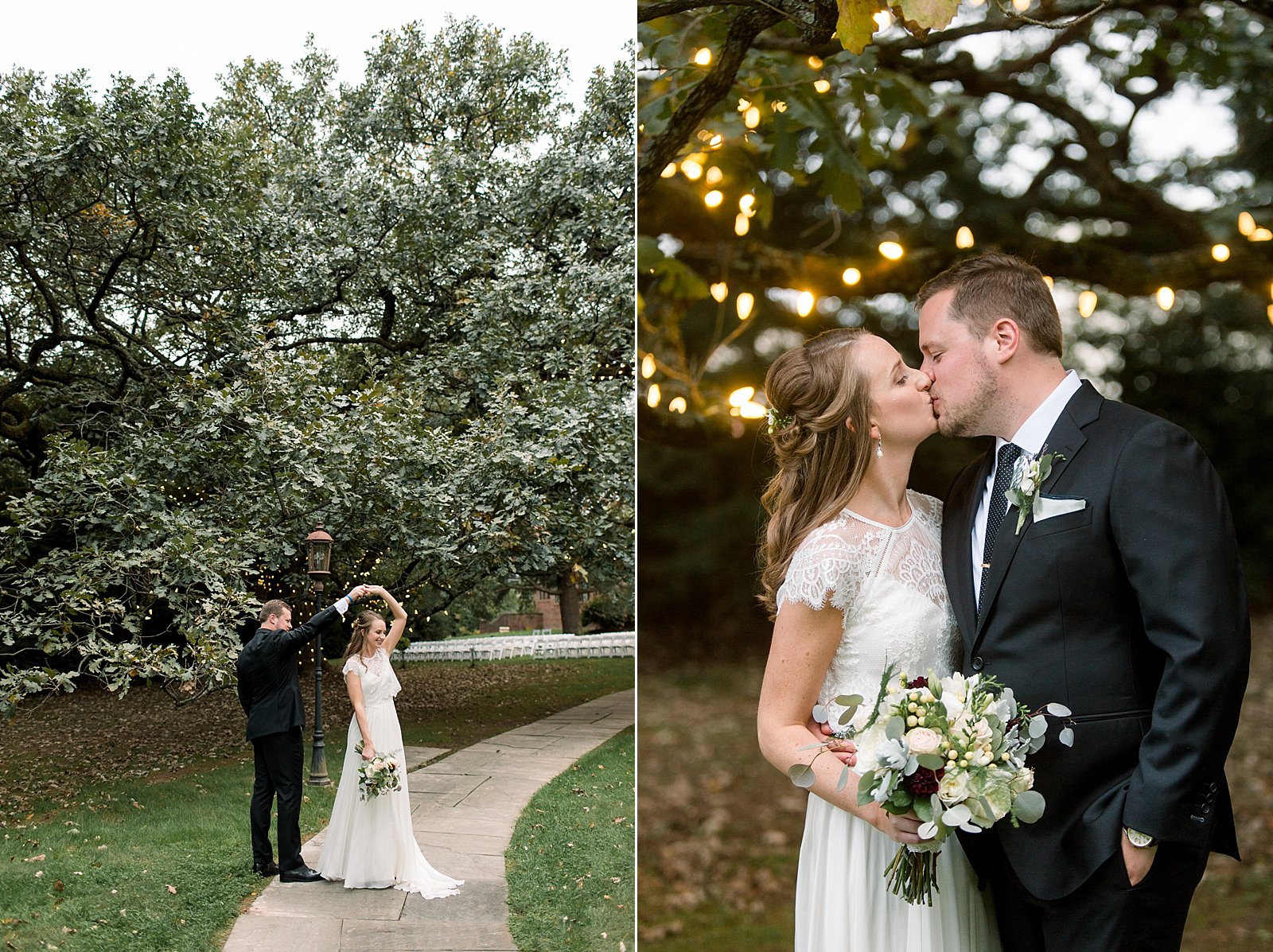 bride and groom kiss under tree with twinkle lights at Aldie Mansion