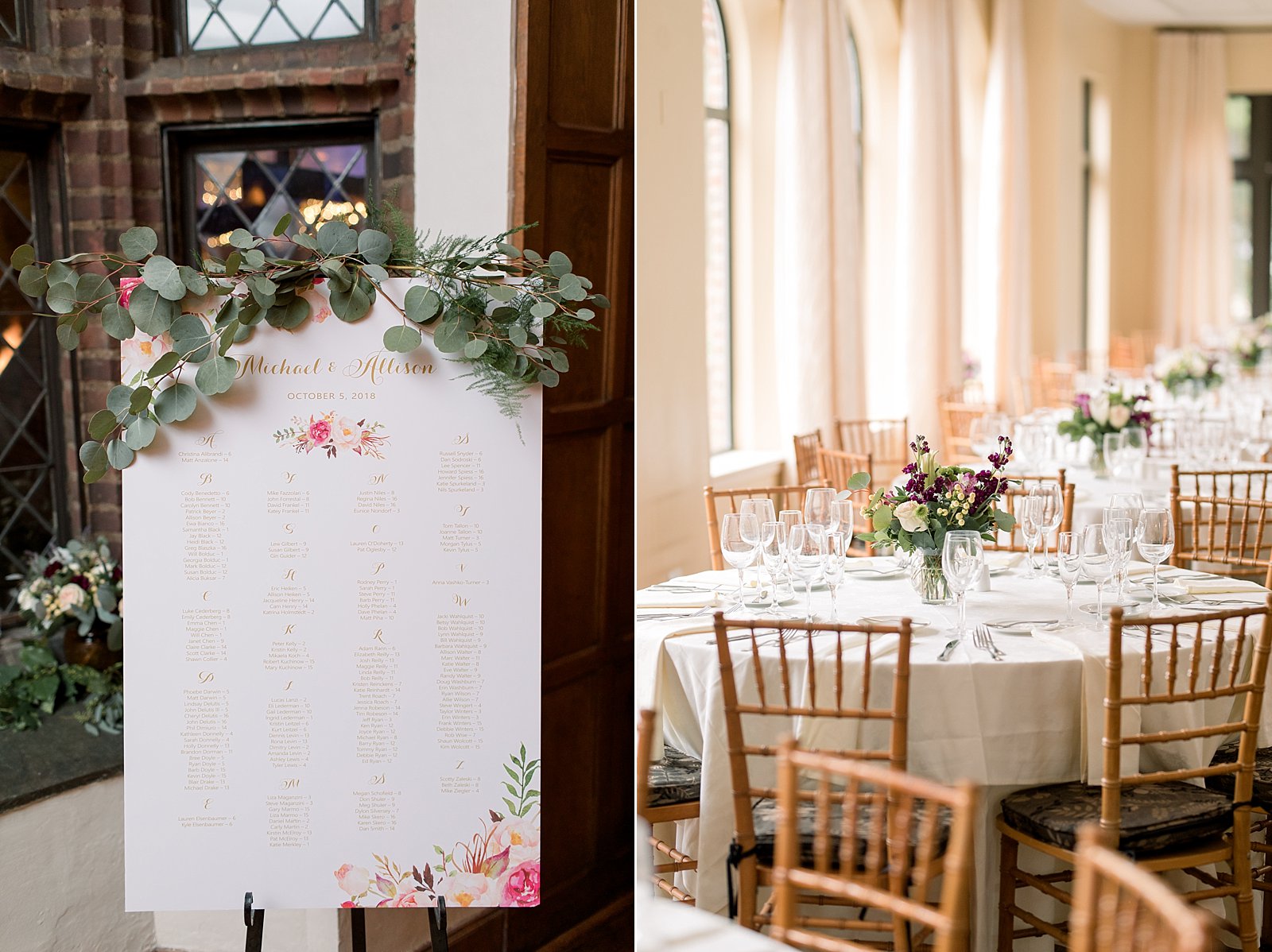 wedding reception inside Aldie Mansion with pink and purple flowers 