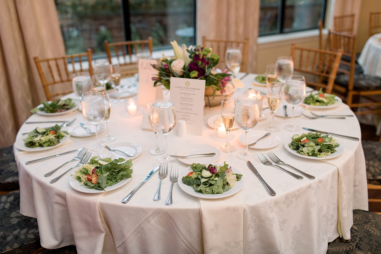 Aldie Mansion wedding reception with place setting and salad 