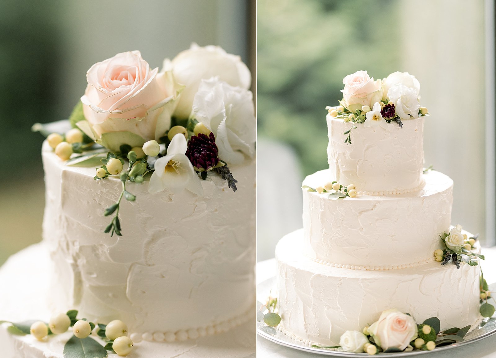 wedding cake with three tiers and pink and white roses 