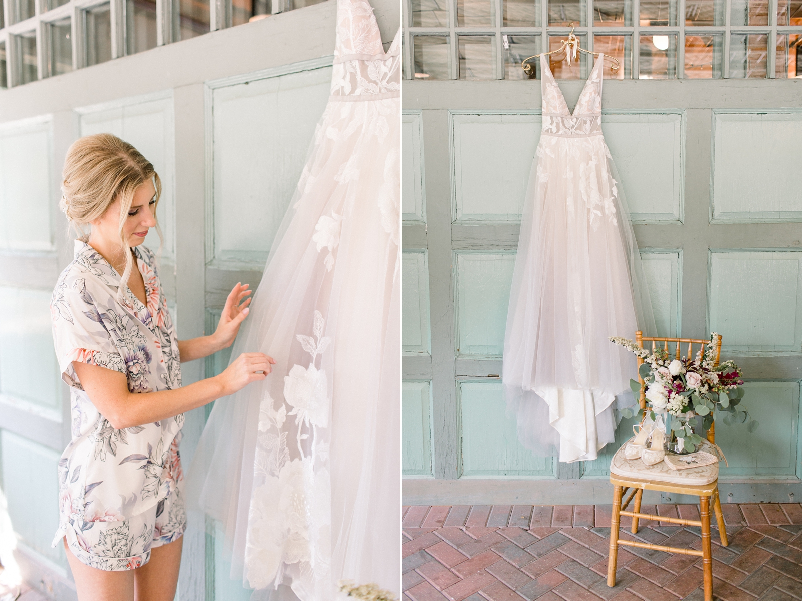 bride looks at wedding dress with blush overlay hanging on garage door at The Carriage House at Rockwood Park