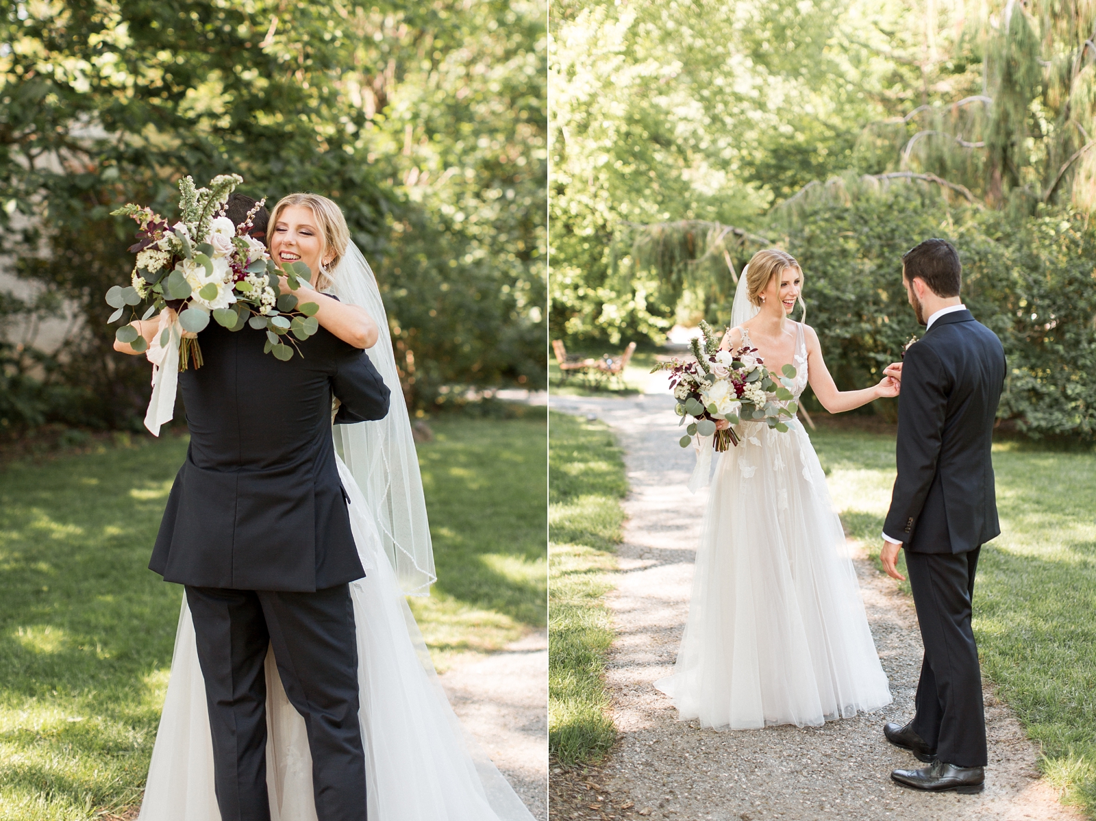 bride and groom meet for first look on pathway at The Carriage House at Rockwood Park