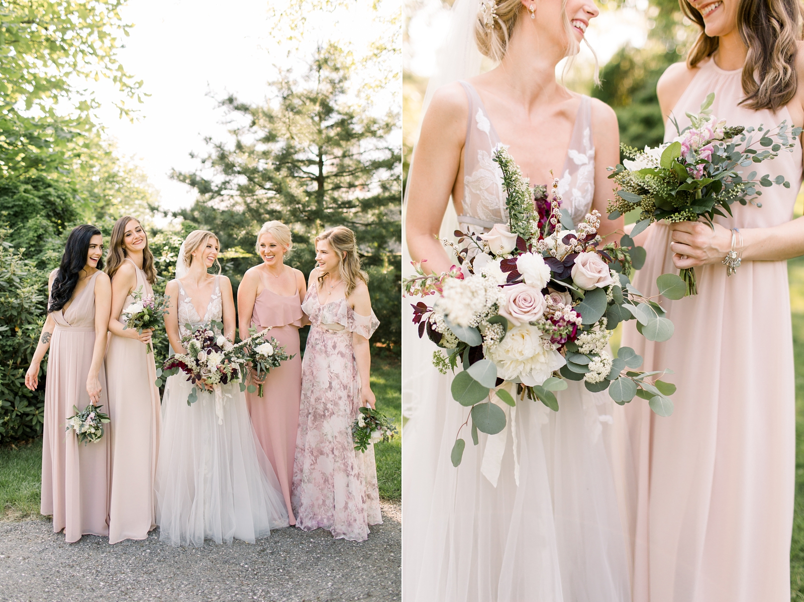 bride stands with bridesmaids in mismatched pink gowns at The Carriage House at Rockwood Park