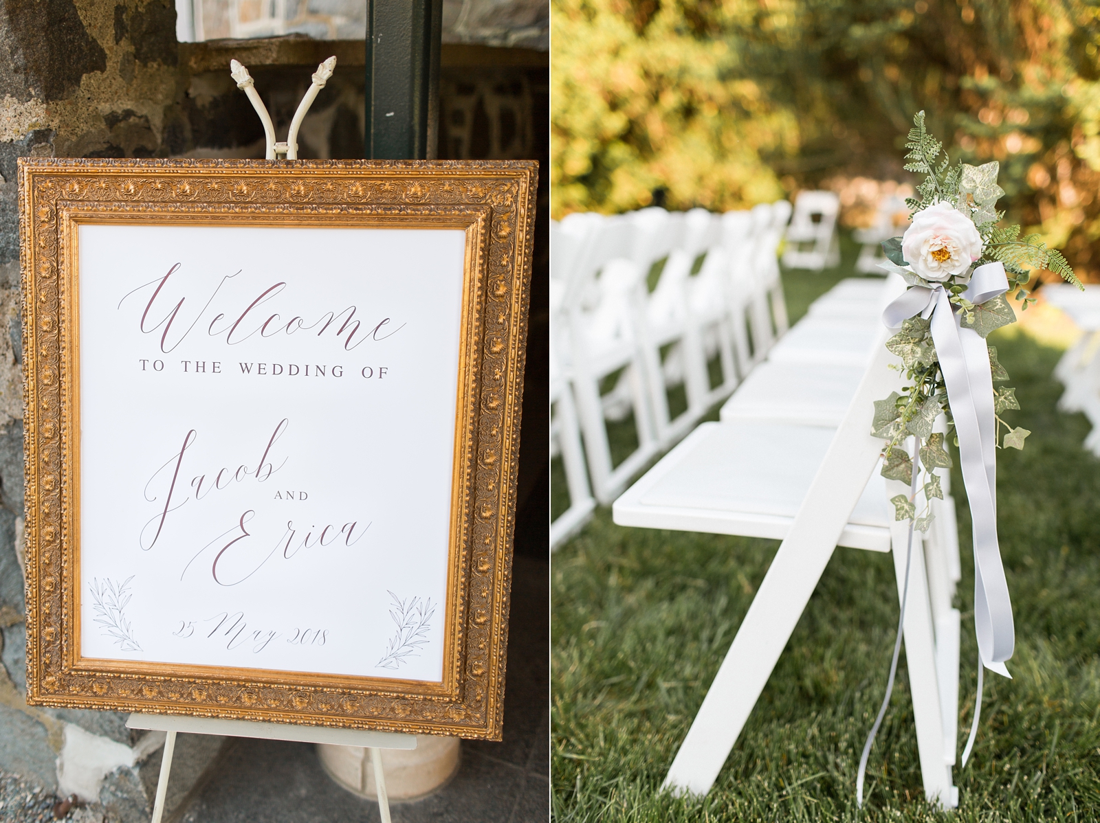 sign and white peonies on seats for lawn wedding ceremony at The Carriage House at Rockwood Park