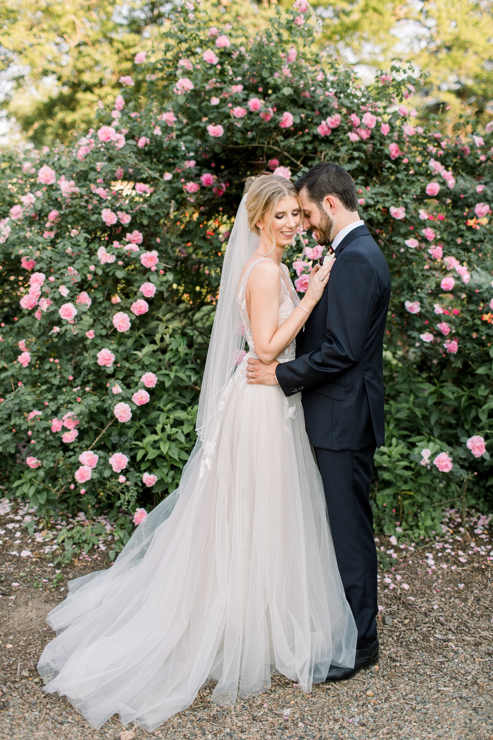 bride and groom hug by pink rose bush at The Carriage House at Rockwood Park