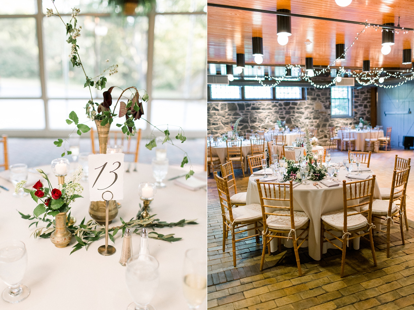 The Carriage House at Rockwood Park wedding reception with gold floral centerpieces 
