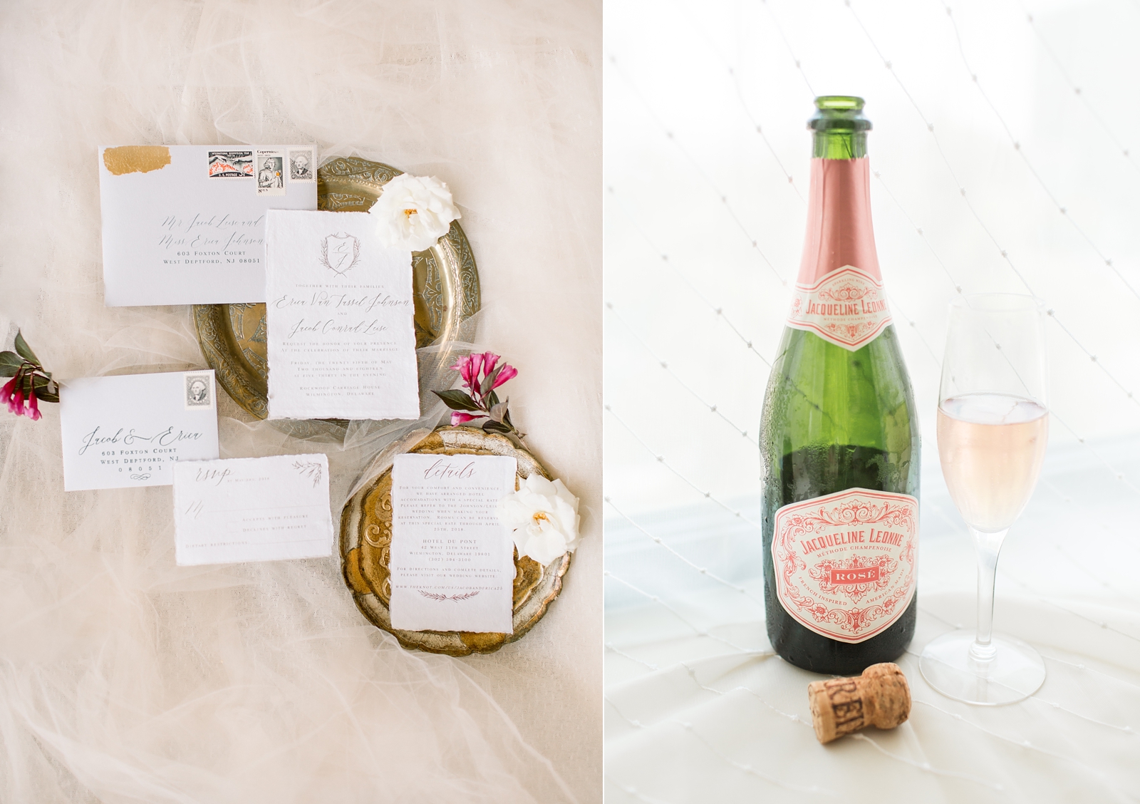 invitation suite on metallic trays with pink champagne for The Carriage House at Rockwood Park wedding