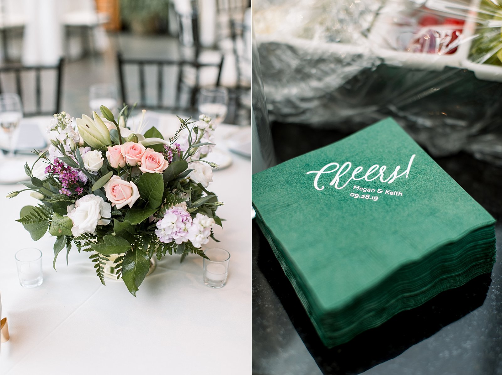 wedding reception with emerald napkins and floral centerpieces at Knowlton Mansion