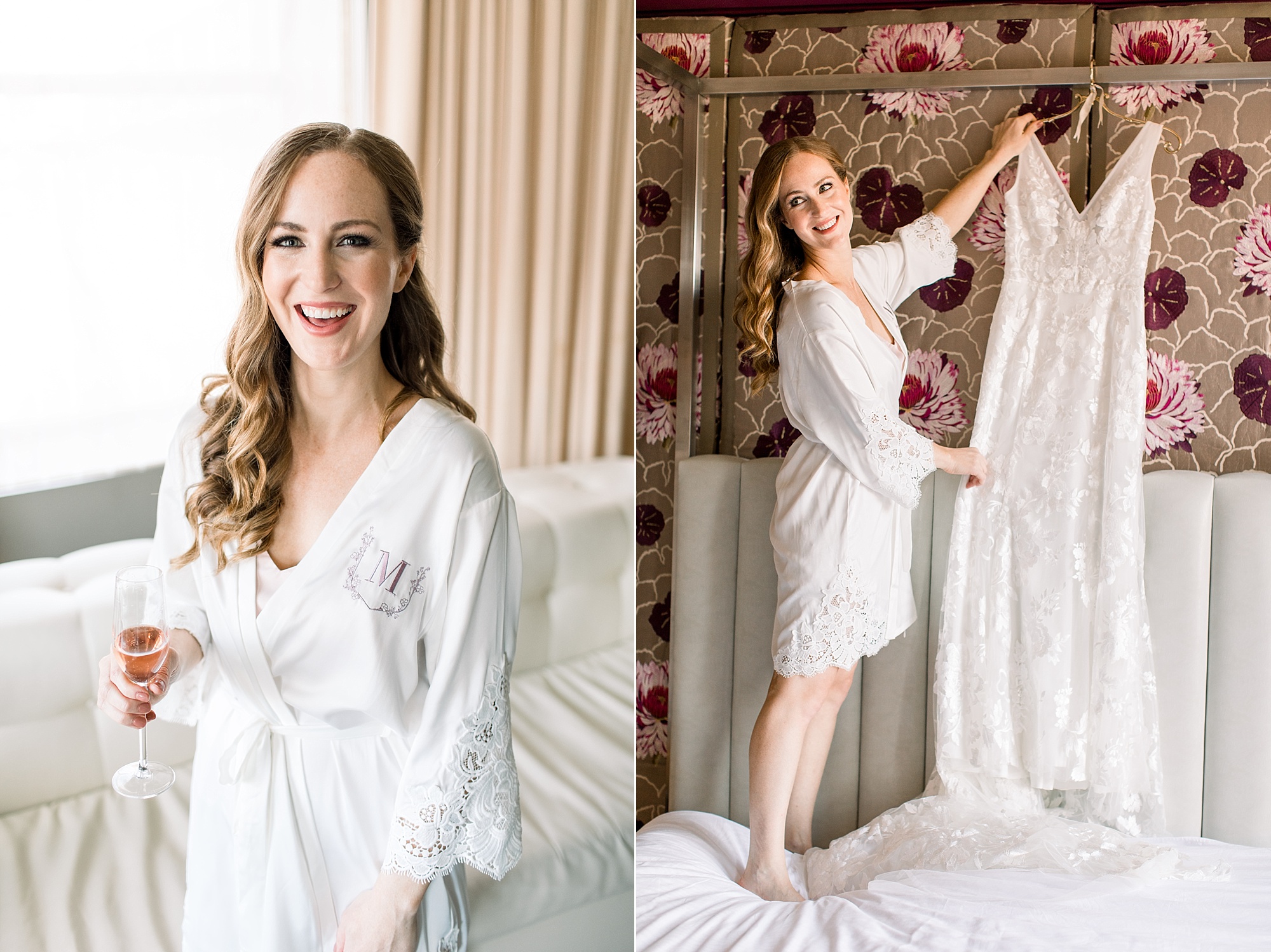 bride stands on bed holding up wedding dress at the Hotel Monaco in white robe 