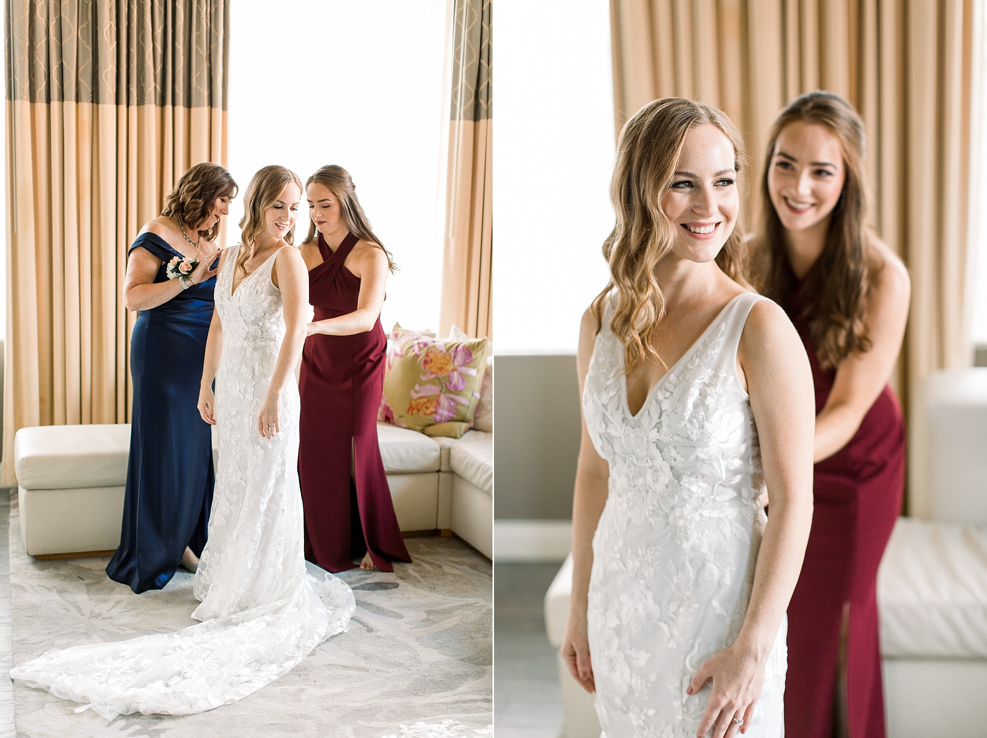 bridesmaid and mother help bride into wedding dress at The Hotel Monaco 