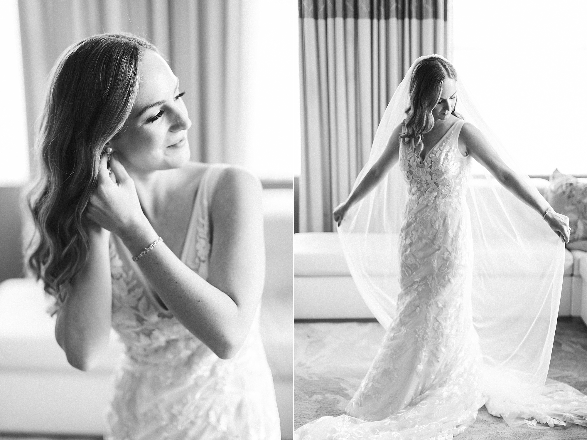 black and white portraits of bride between couches at the Hotel Monaco 