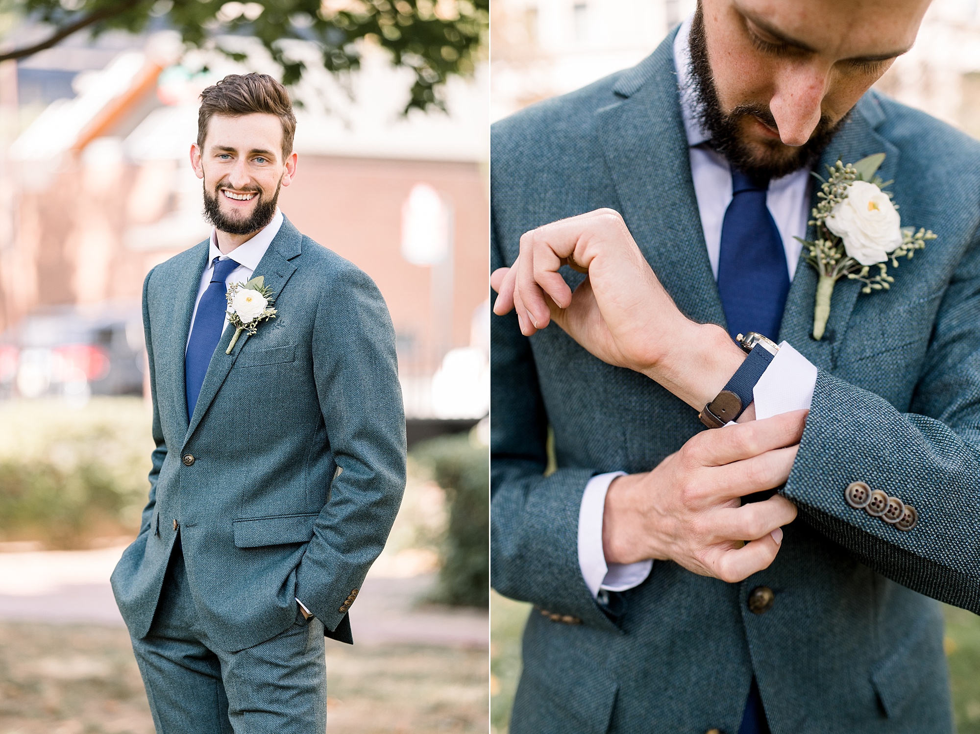 groom adjusts cufflinks and looks at new watch in Philadelphia 