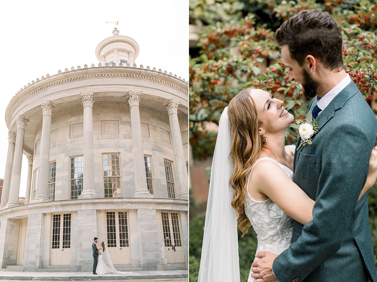 bride and groom hug in gardens of the Merchant’s Exchange Building in Philadelphia PA