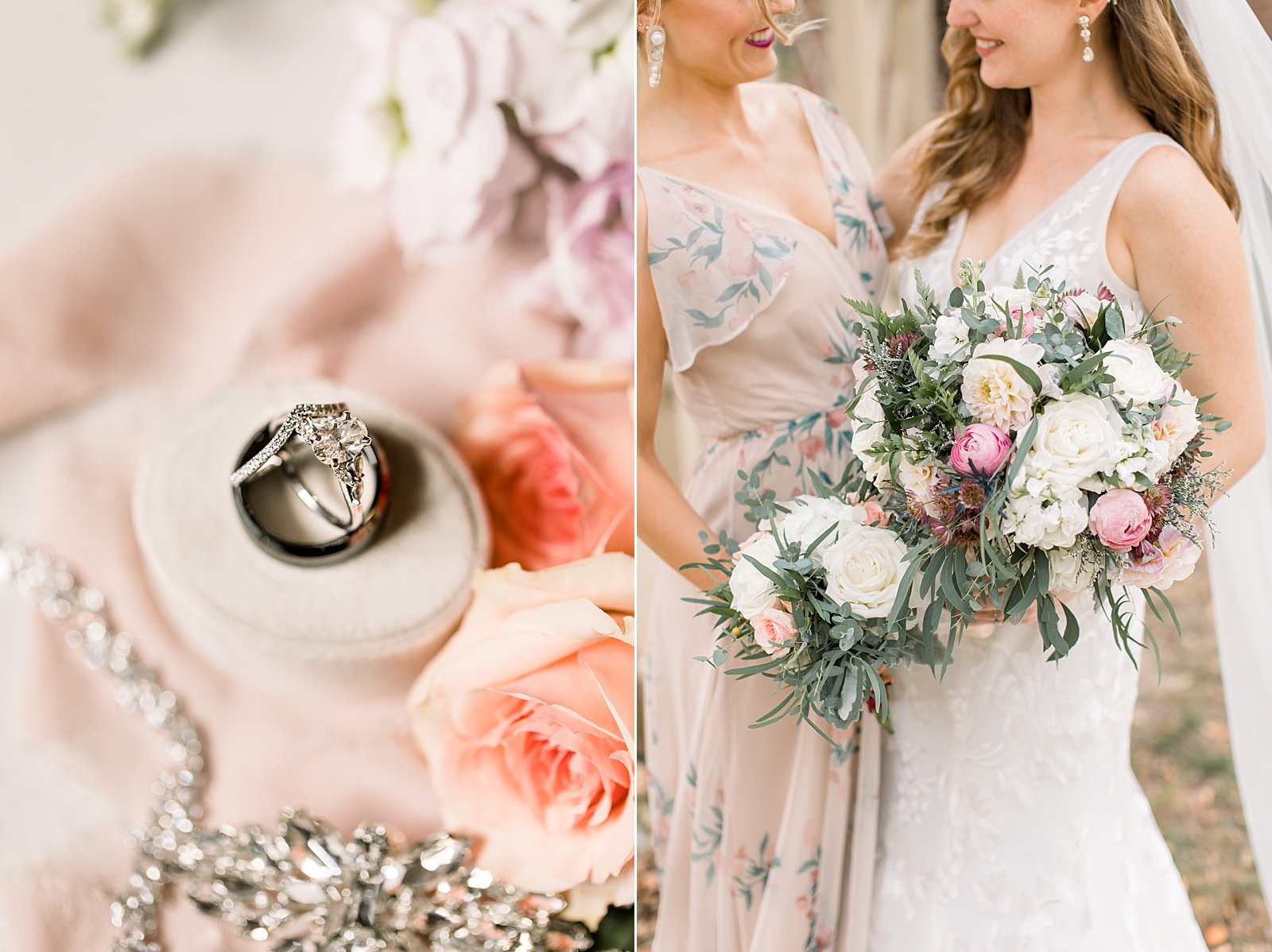 bride stands with bridesmaid in floral pink gown with pink and white bouquets 