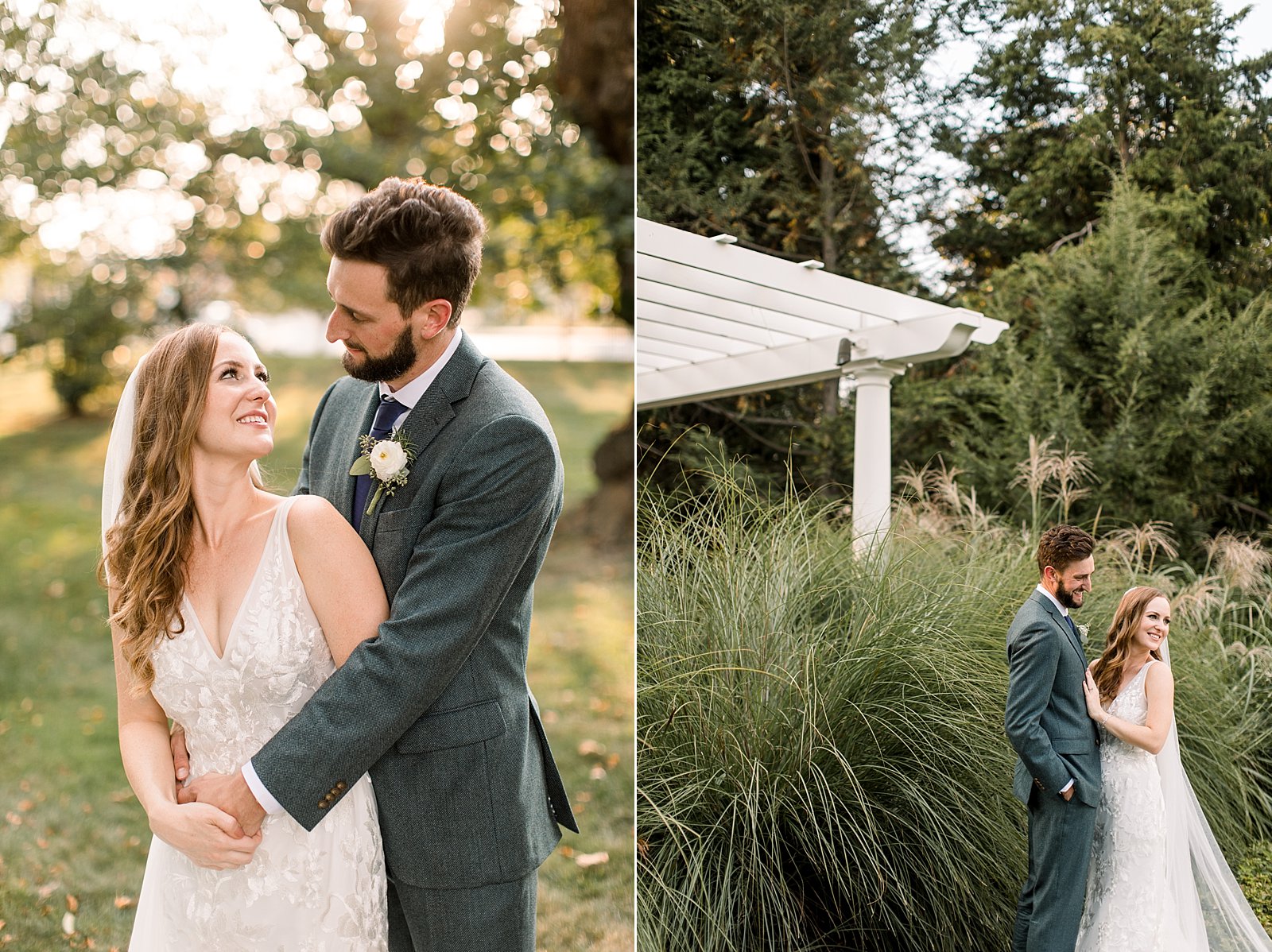 bride and groom hug by tall grass at Knowlton Mansion