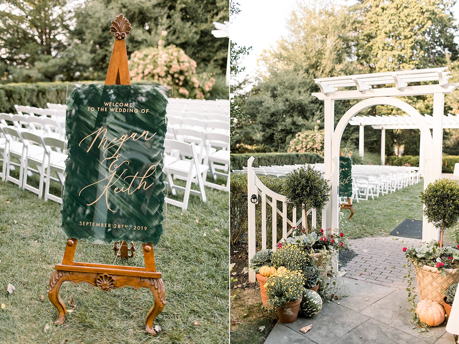 wedding ceremony in gardens with welcome sign painted on acrylic at Knowlton Mansion