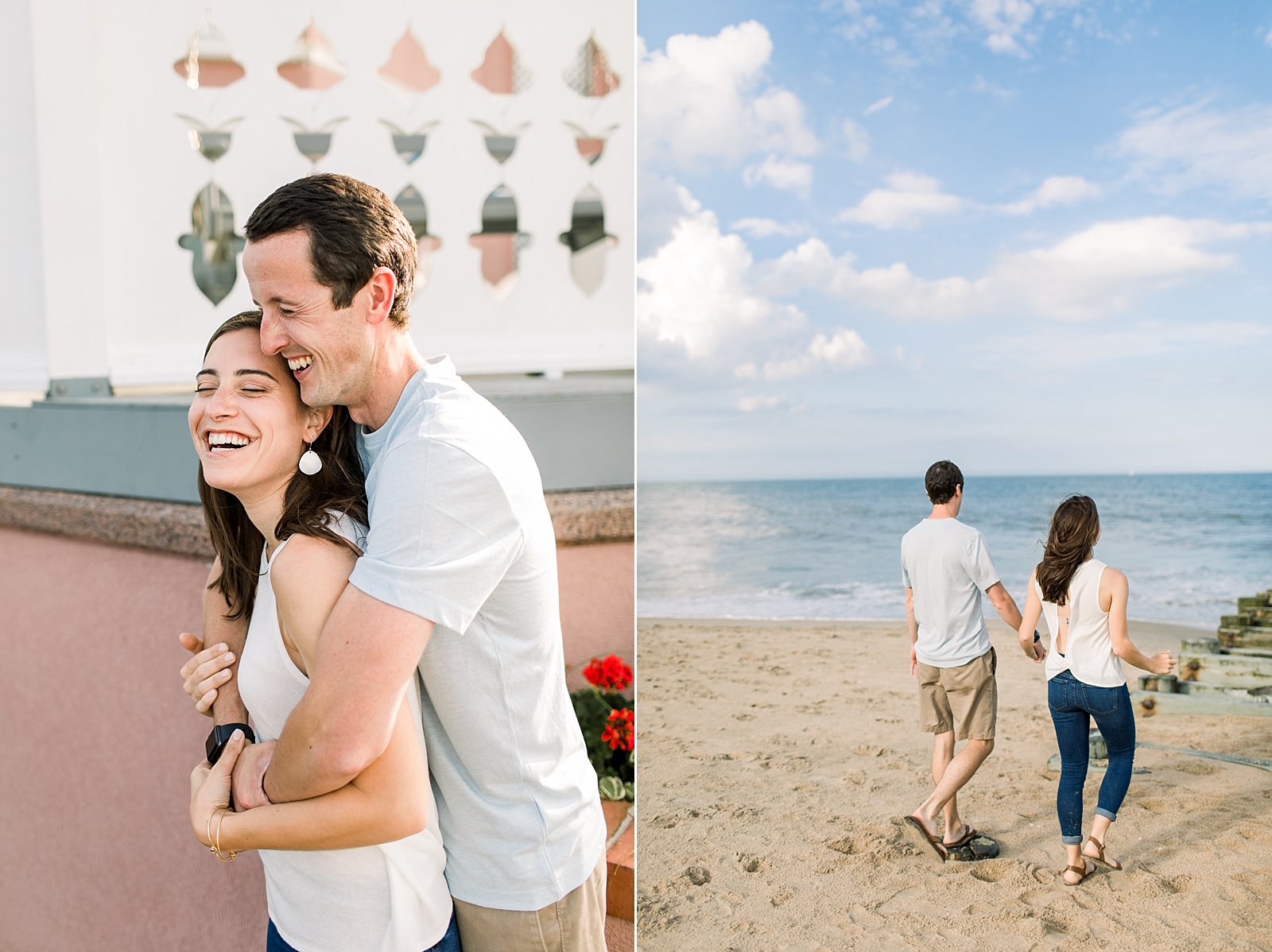 engaged couple walks onto beach during Rehoboth Beach engagement session 