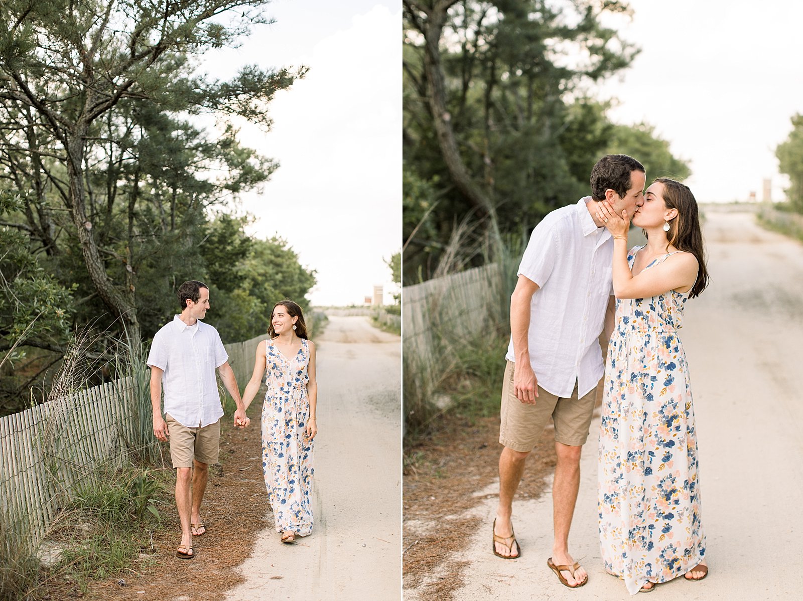 engaged couple kisses on beach pathway during Rehoboth Beach engagement session 