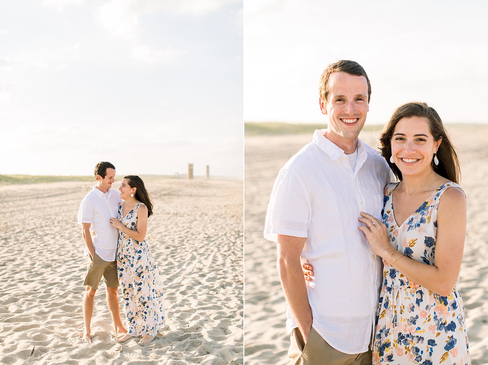 couple stands on beach during Rehoboth Beach engagement session 