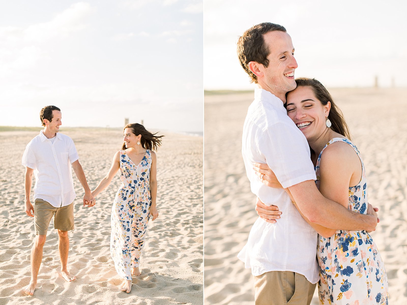woman hugs fiancee on Rehoboth Beach during engagement session at sunset 