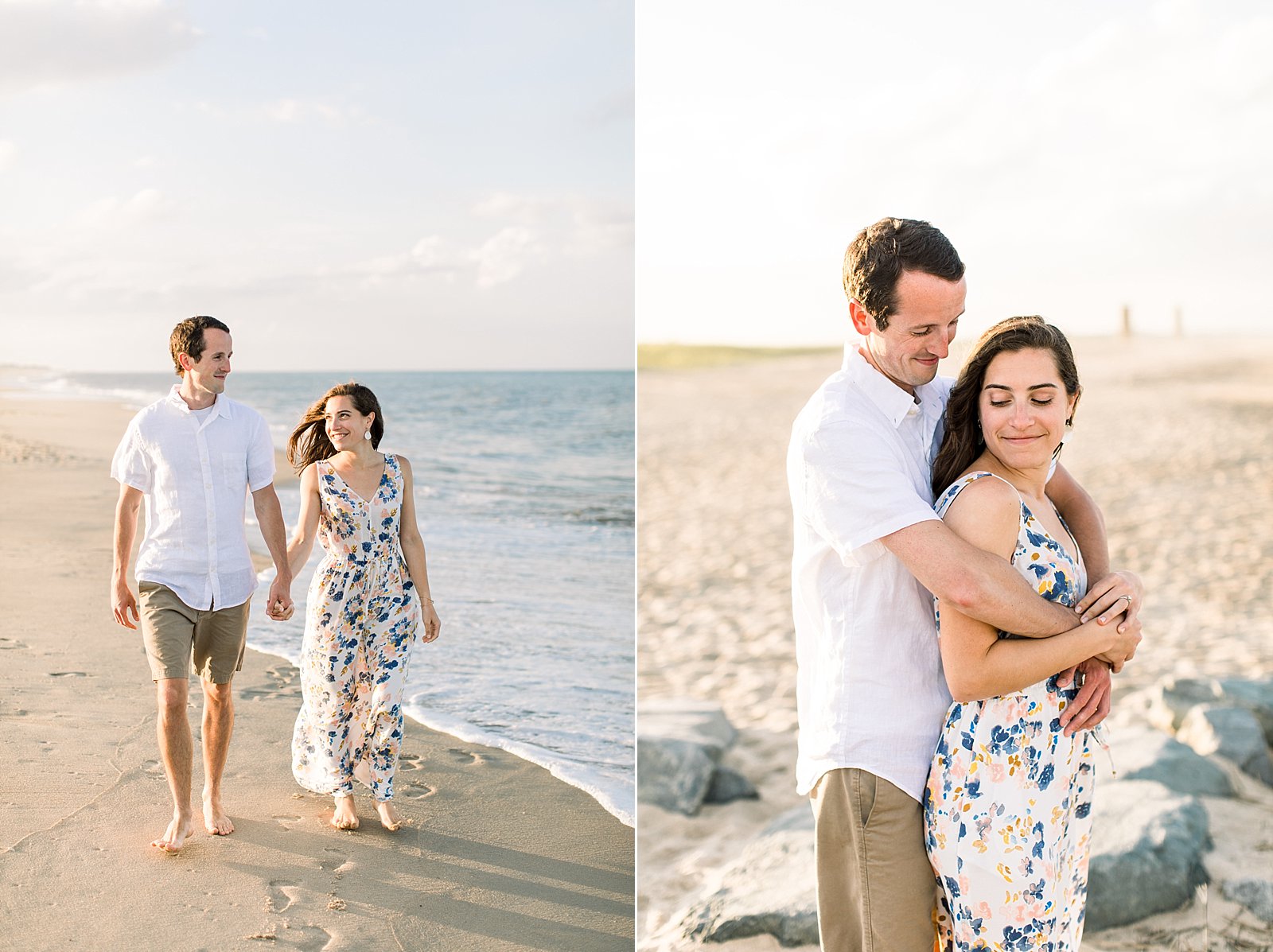 man hugs fiancee from behind on rocks at Rehoboth Beach