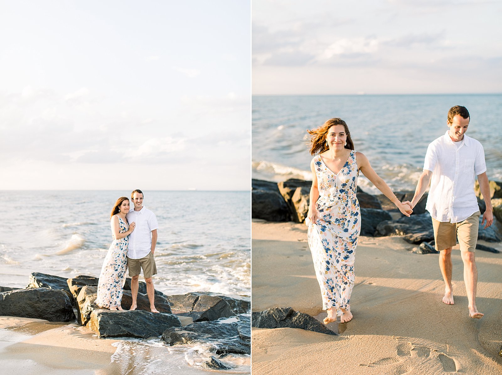 engaged couple holds hands walking down beach during engagement photos 