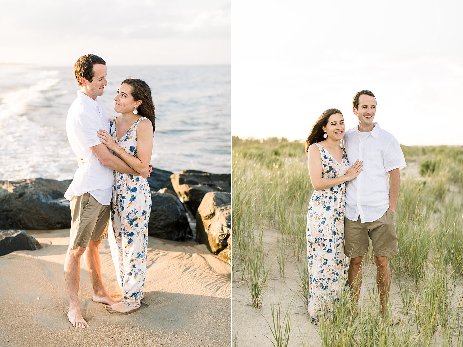 engaged couple stands in seagrass at Rehoboth Beach on dune 