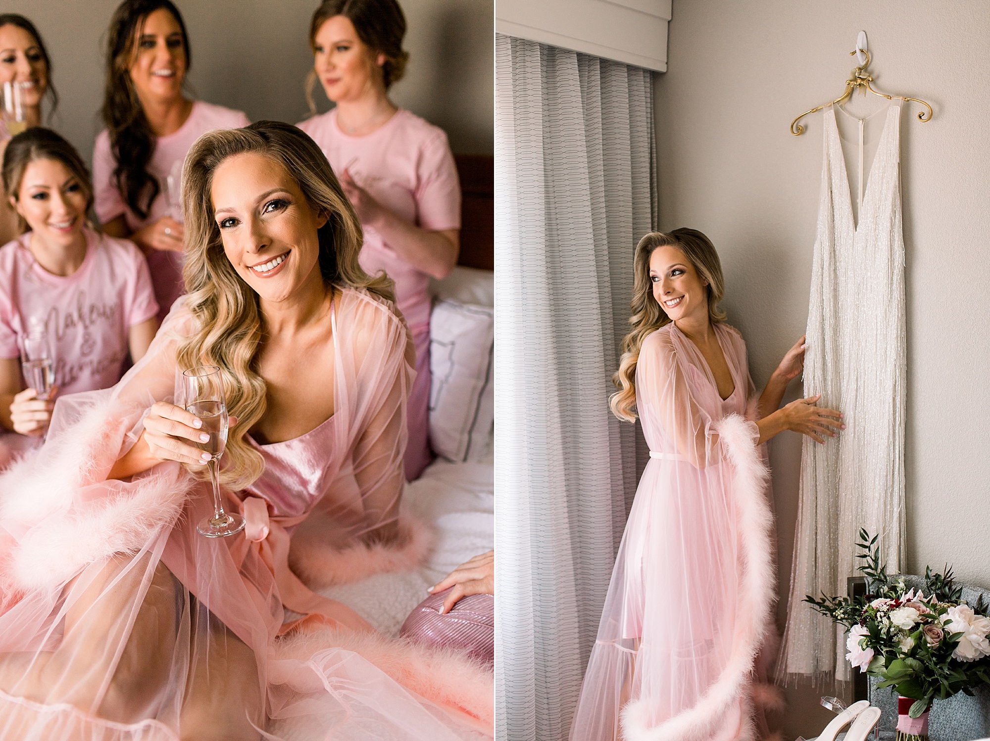 bride in pink robe sits on bed with bridesmaids in custom pajamas 
