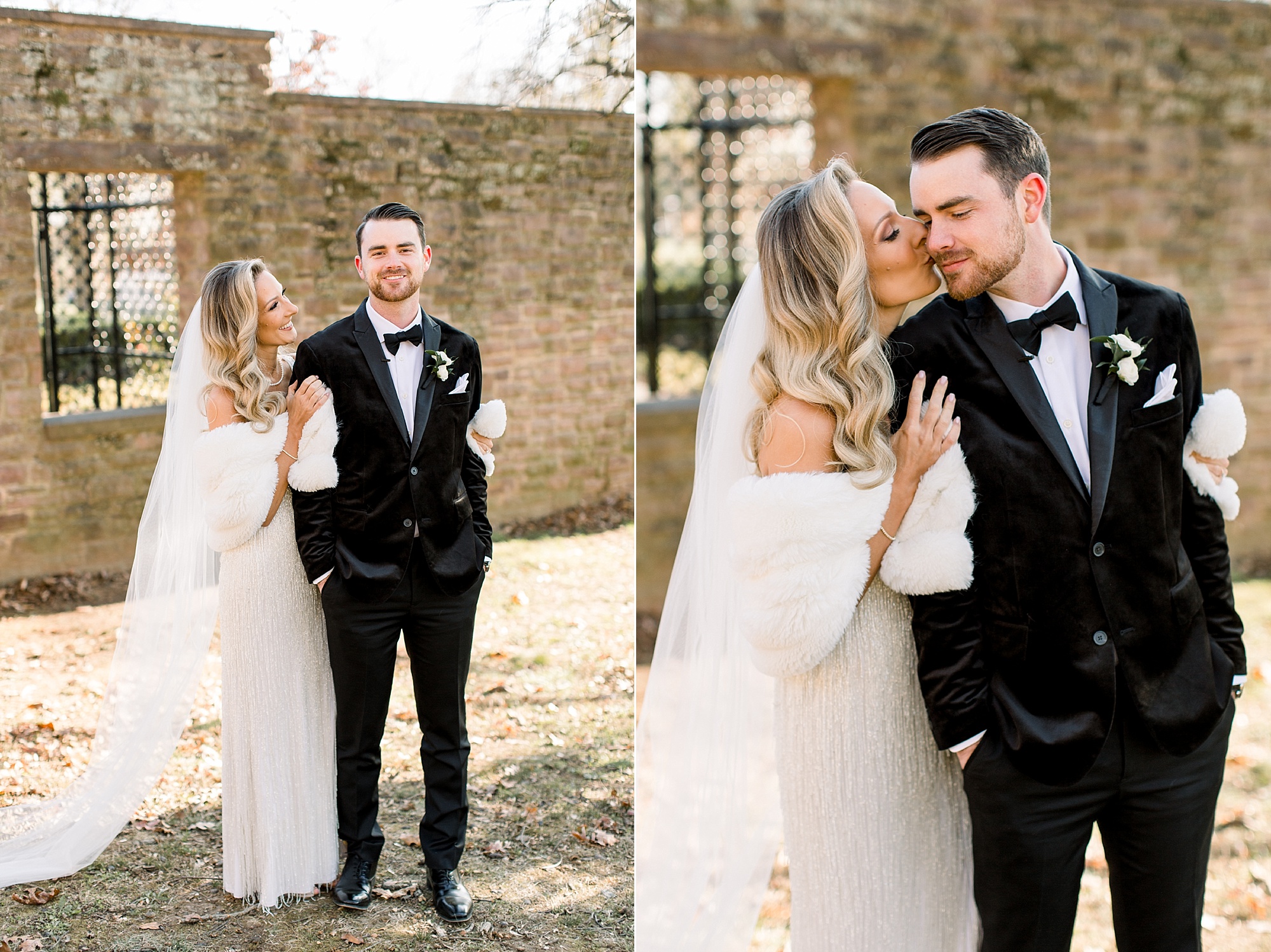 bride kisses groom's kiss during Tyler Gardens wedding portraits 