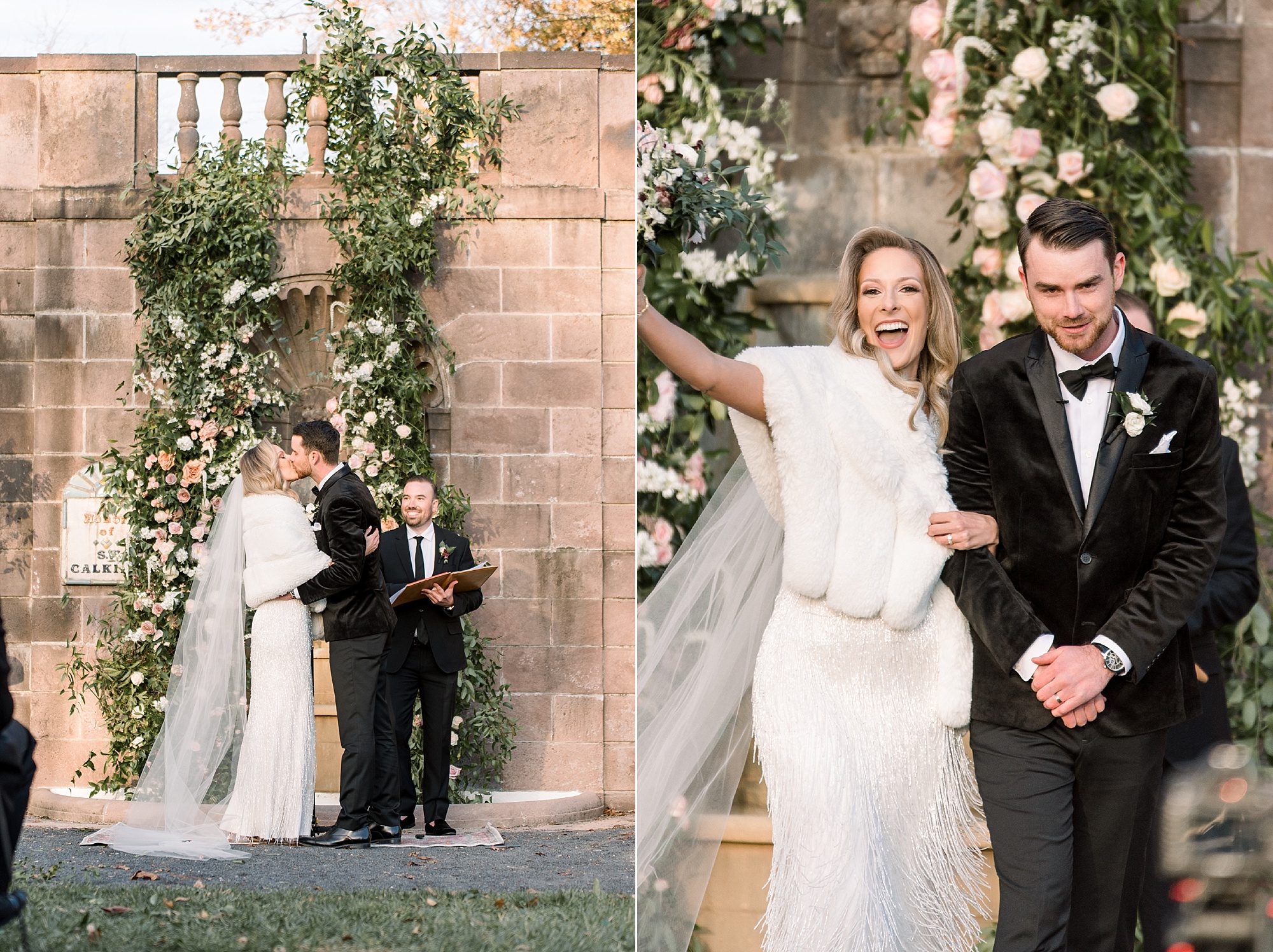 bride and groom kiss then cheer during Tyler Gardens wedding ceremony in courtyard