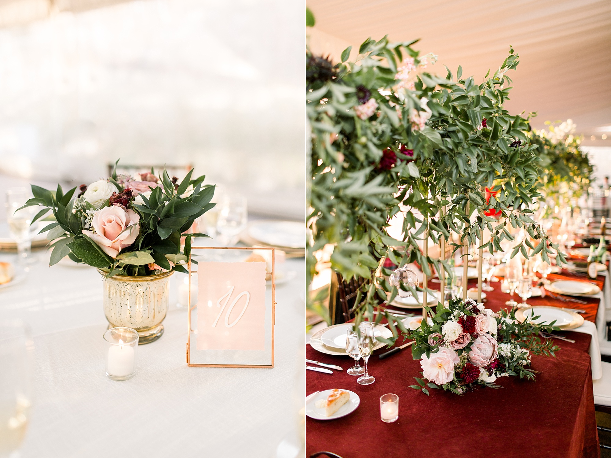 Tyler Gardens wedding reception with pink and red roses on burgundy table cloth 