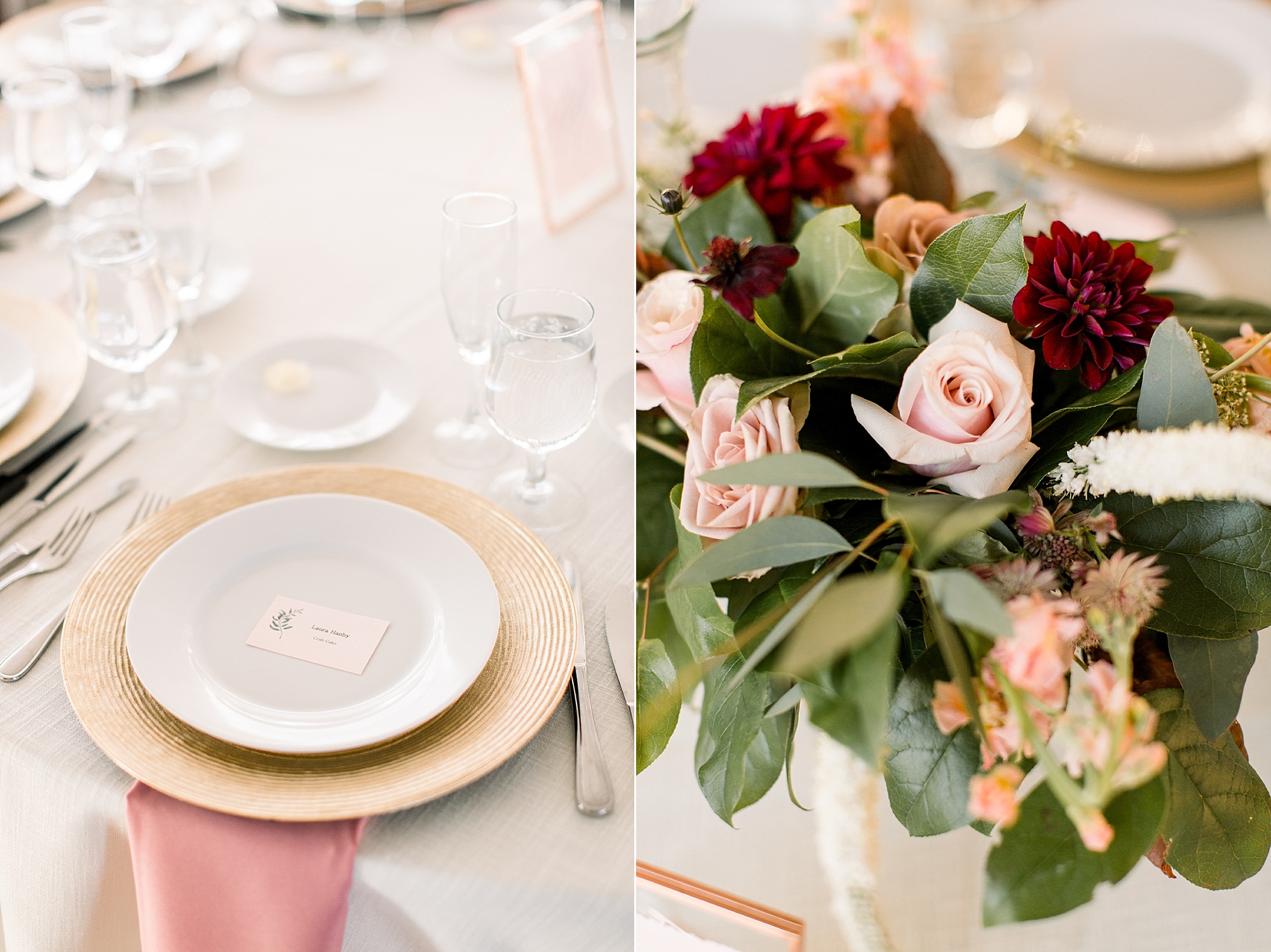 Tyler Gardens wedding reception with pink and red floral centerpieces 