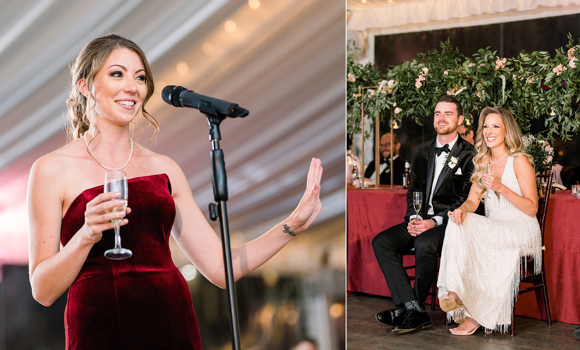 bride and groom listen to toast with bridesmaid at Tyler Gardens wedding reception