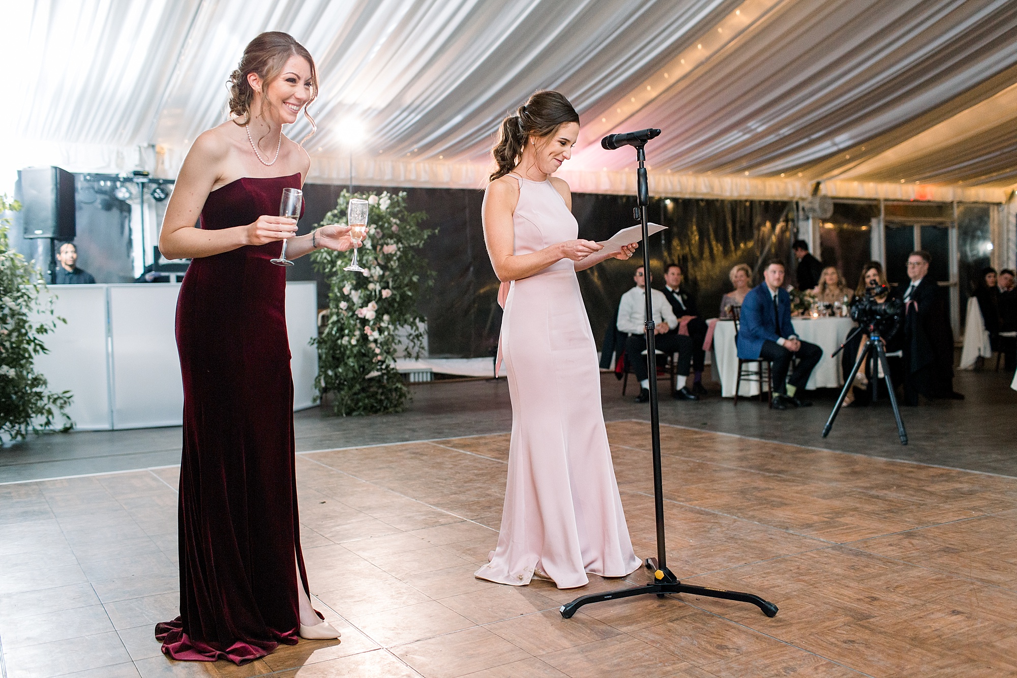 bridesmaids read speech during Tyler Gardens wedding reception