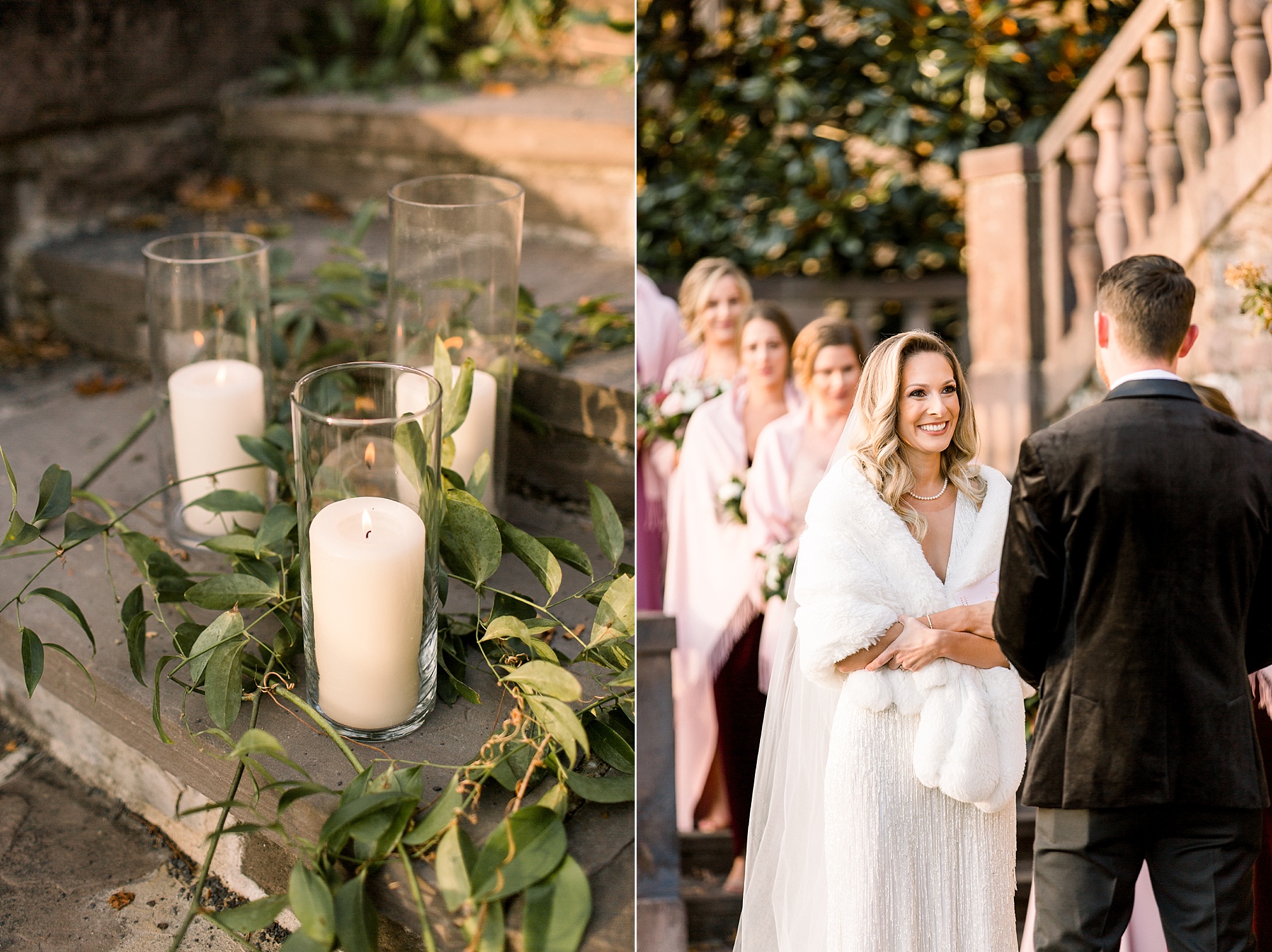 Tyler Gardens wedding ceremony in courtyard with candles on steps 
