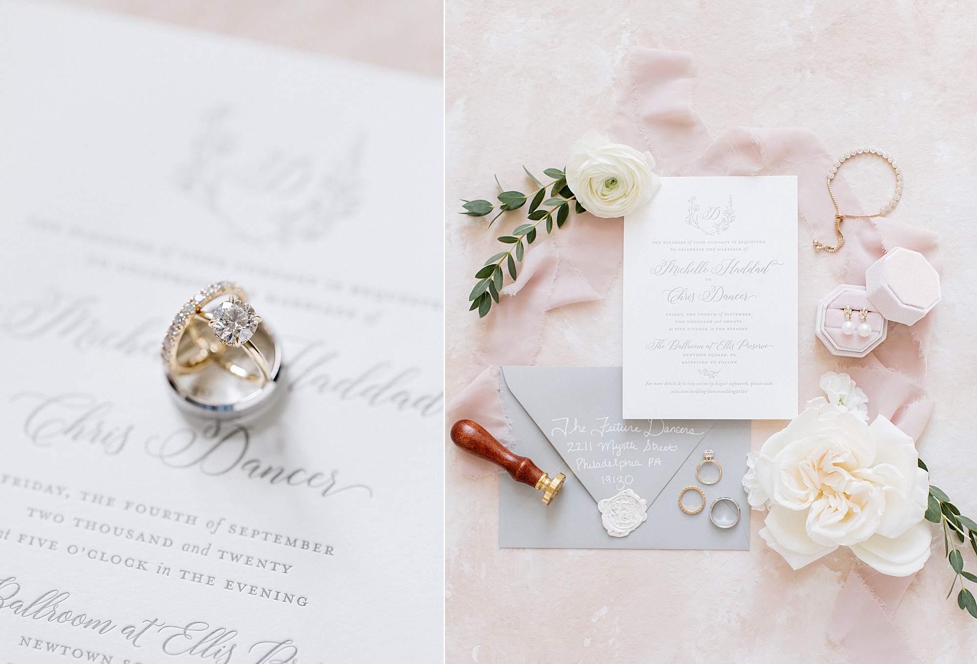 pastel invitation suite on pink ribbon with white florals 