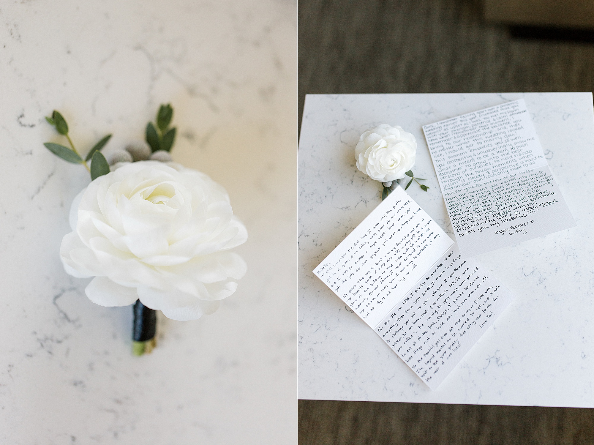 groom's white boutonniere and handwritten cards 
