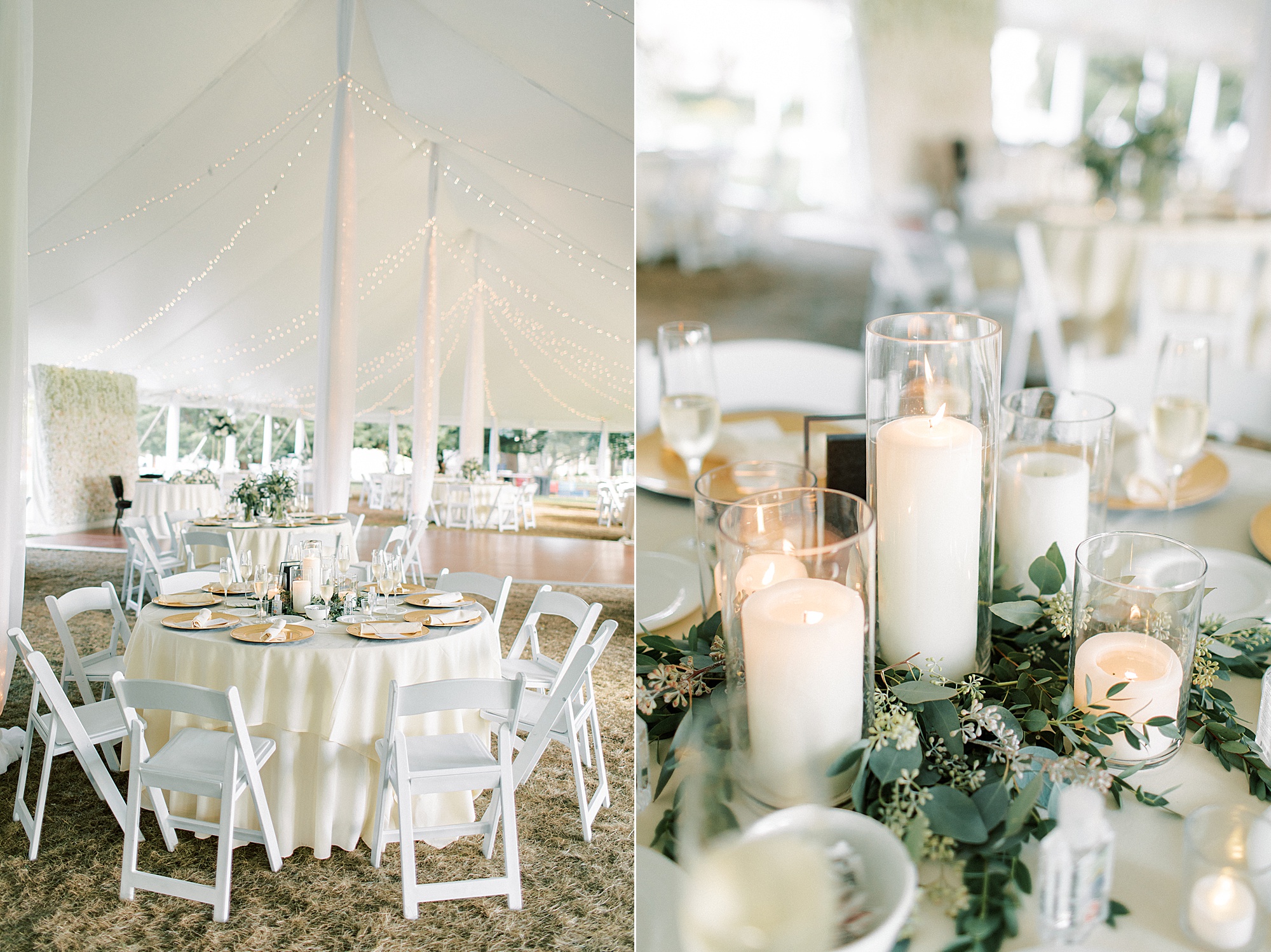 white pillar candles and greenery for centerpiece at The Ballroom at Ellis Preserve
