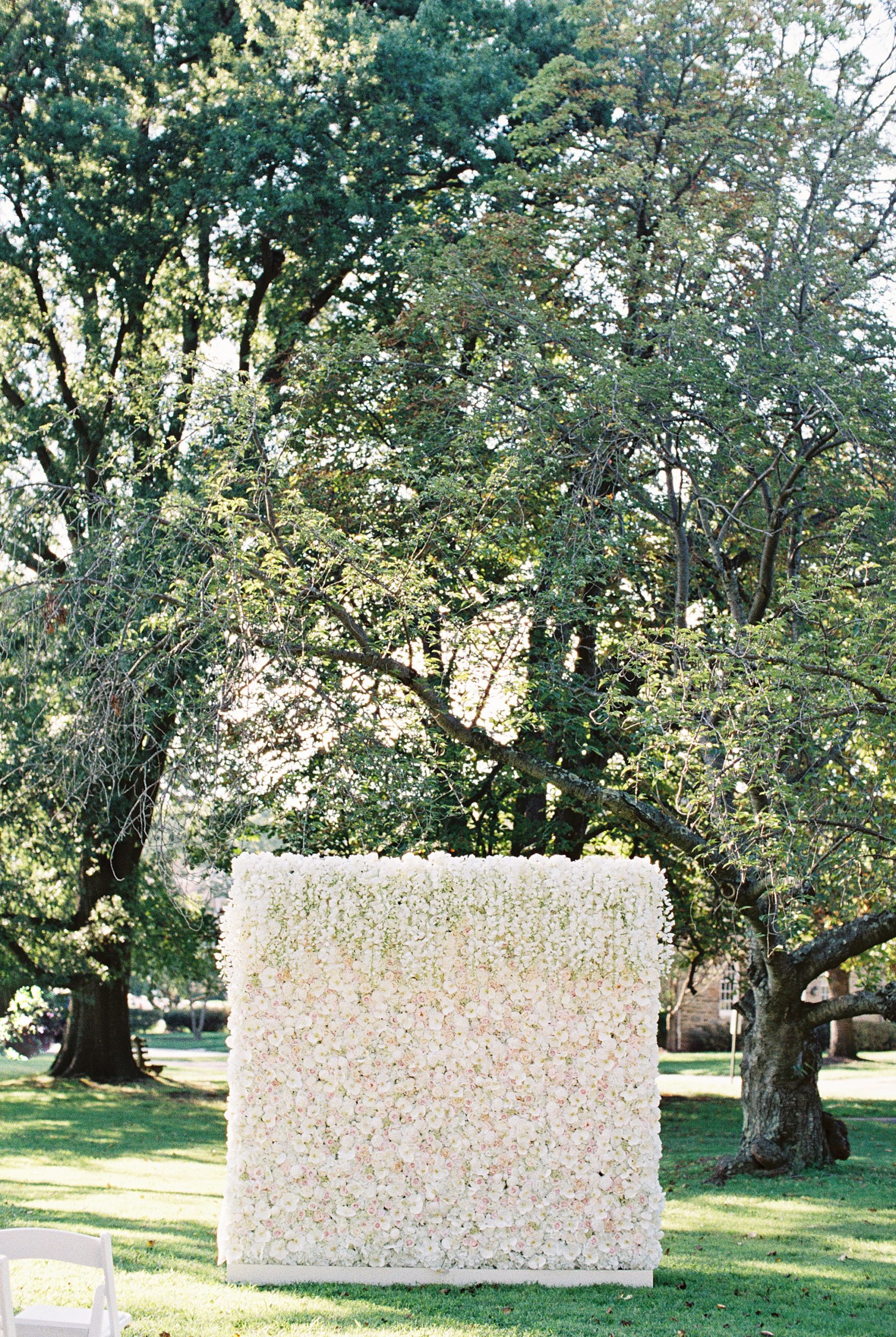 ivory flower wall for backdrop for ceremony outside in PA