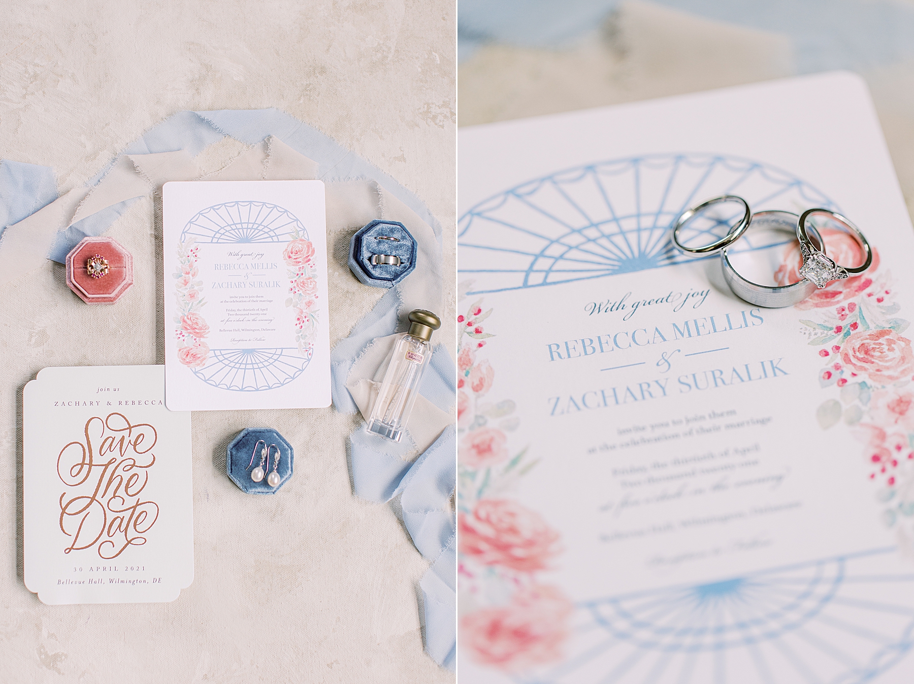 watercolor wedding invitation with light blue and pink flowers for summer wedding