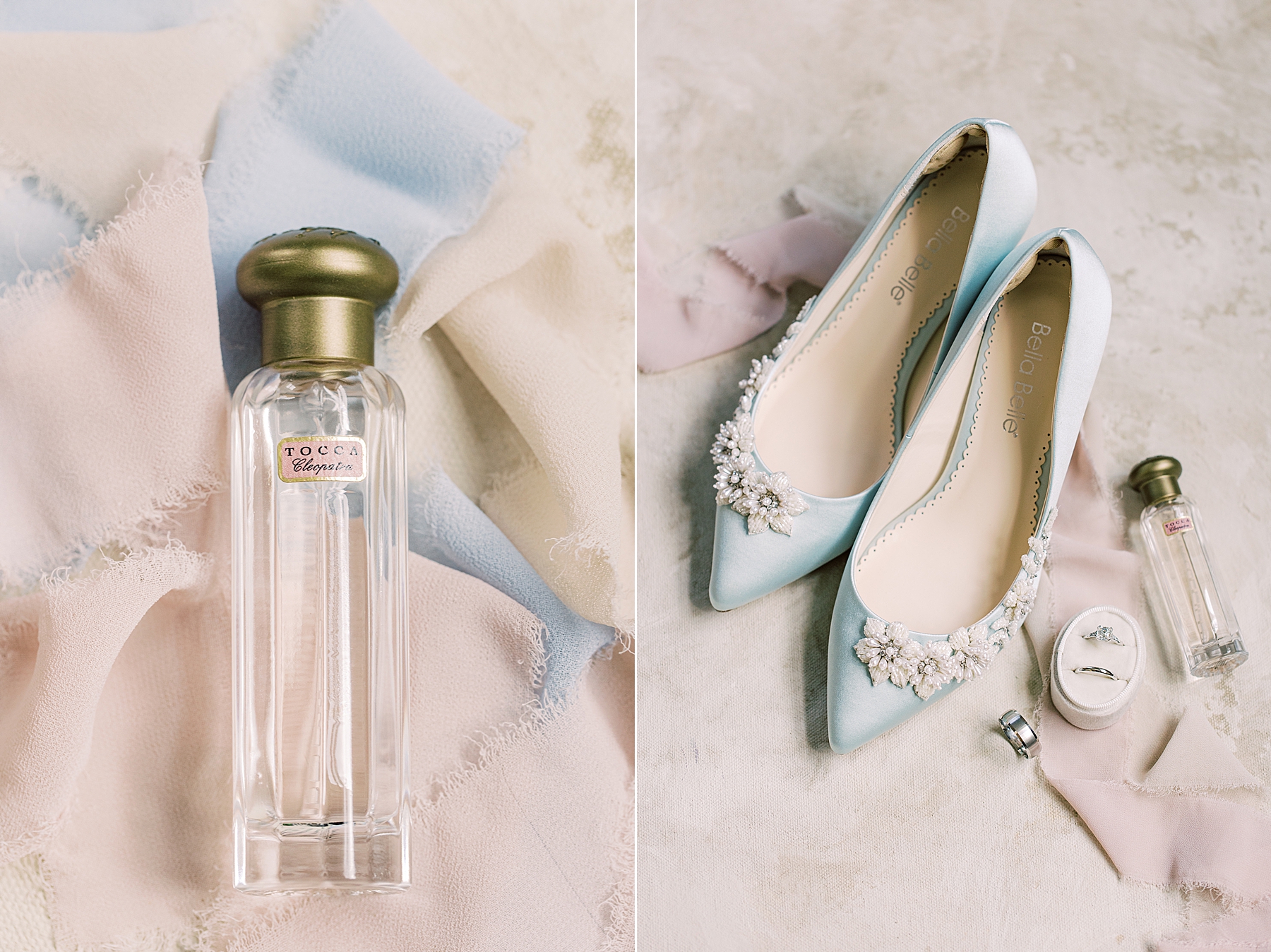 bride's perfume bottle and blue shoes lay on ribbons in Delaware 