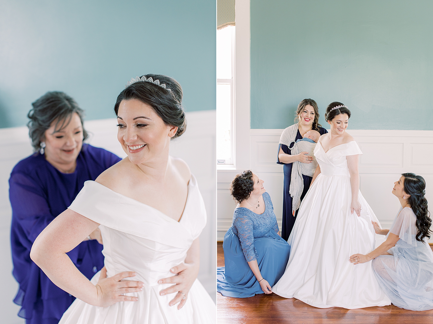 bride prepares for wedding day with bridesmaids in blue gowns at Bellevue Hall