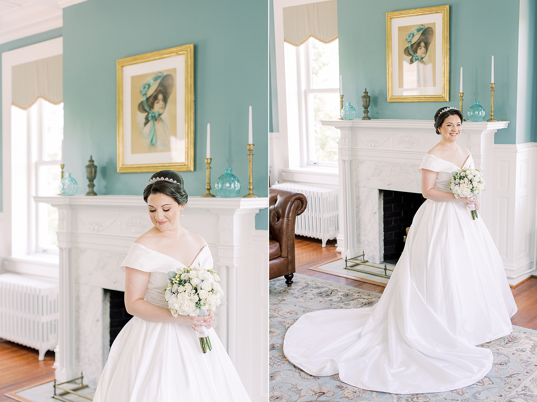 bride stands by fireplace and teal wall at Bellevue Hall in wedding gown with bouquet of white roses 