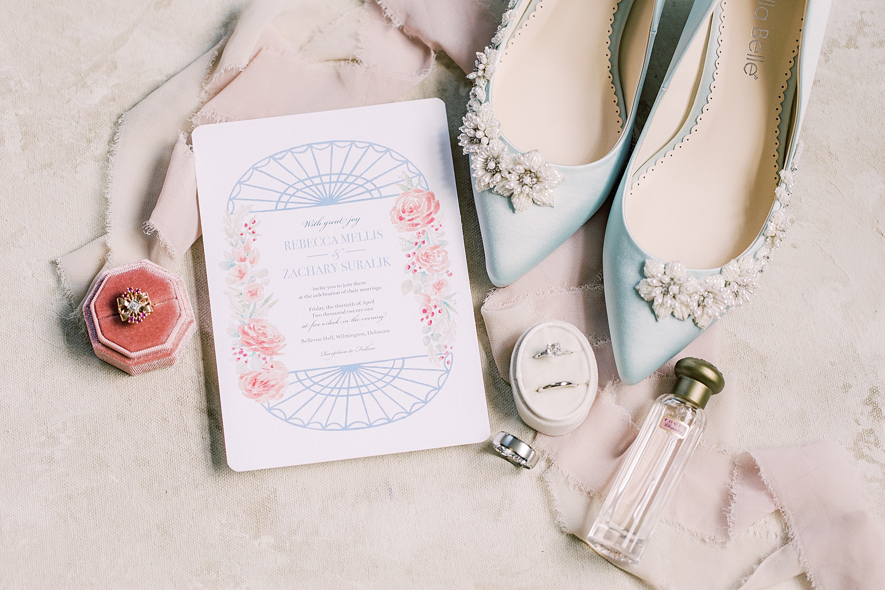 bride's details and invitation suite for Bellevue Hall wedding 